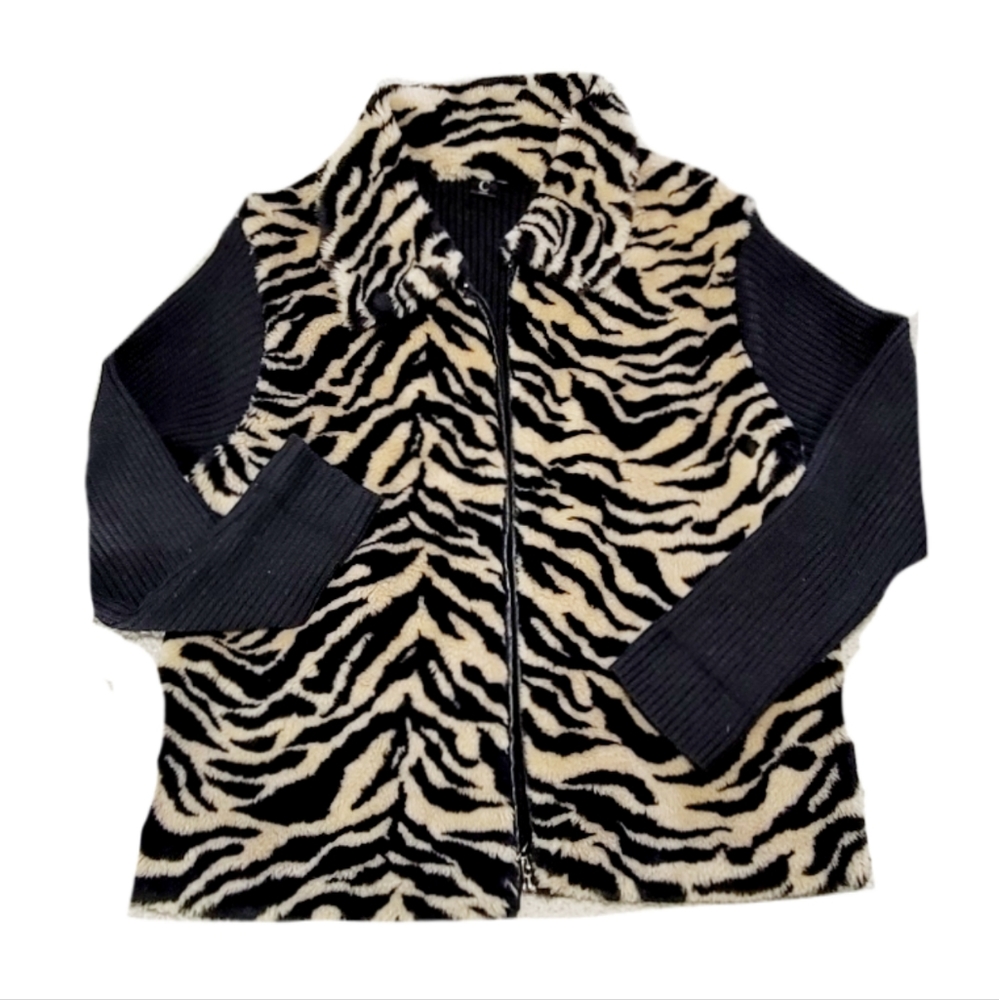 Capri Full‎ Zip Animal Print Long Sleeve Ribbed  Sweater Jacket Size XL